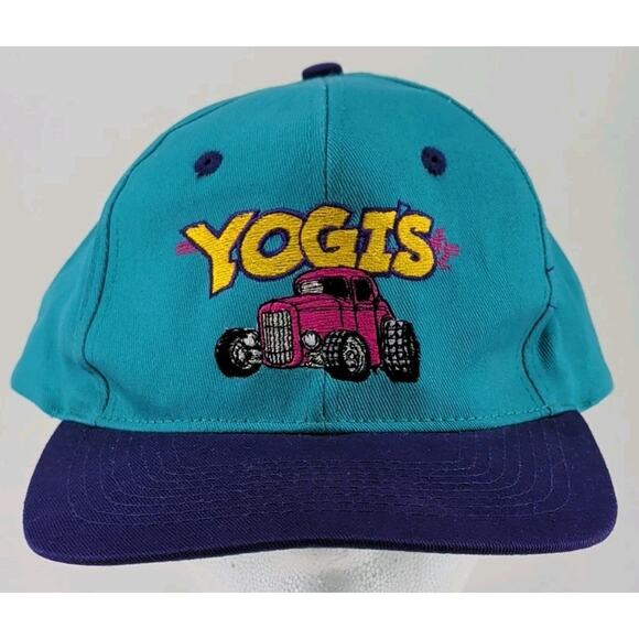 Vintage 1990's Yogi's Inc. Hot Rod Classic Car Teal Purple Snapback Hat Cap - Picture 1 of 9